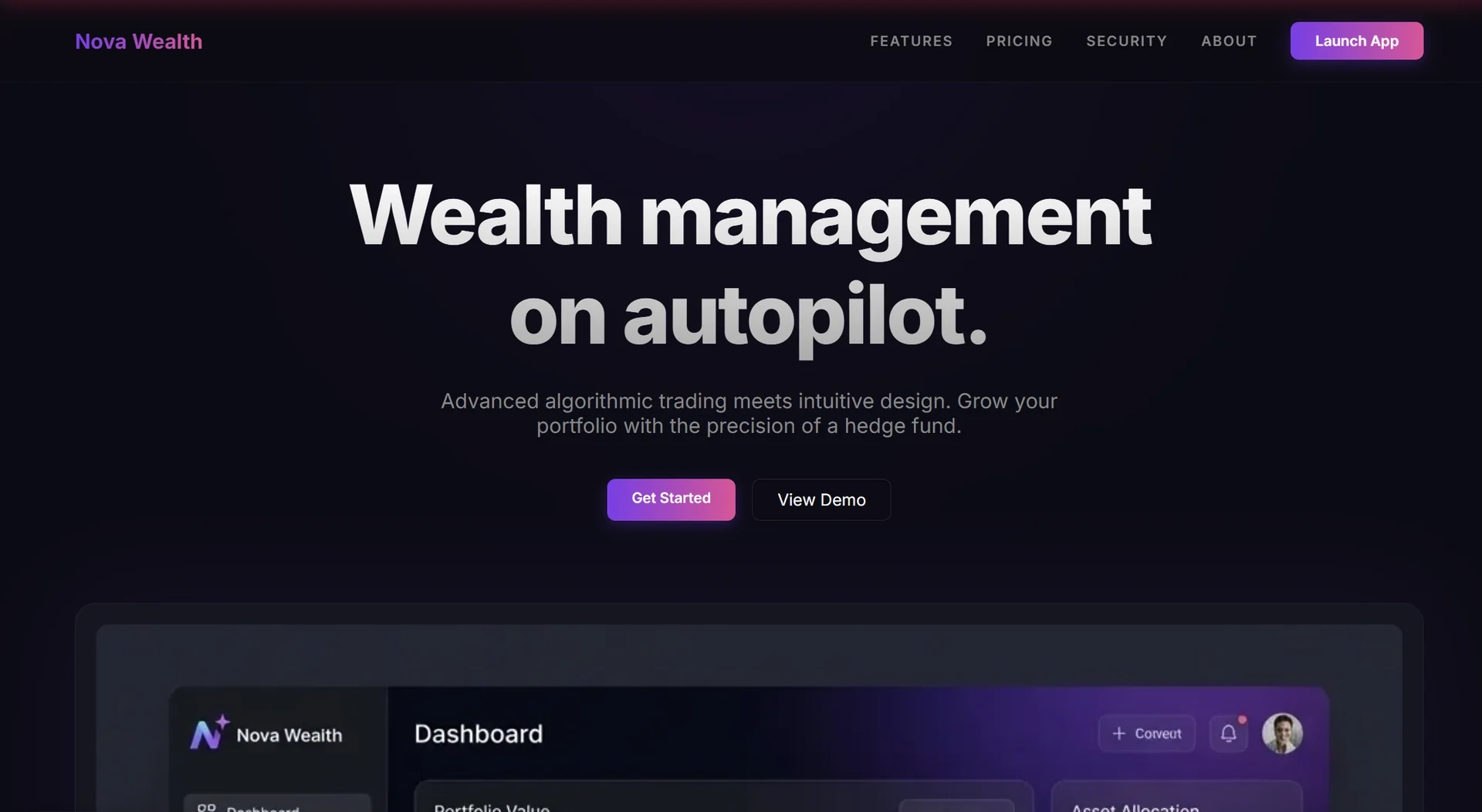 Nova Wealth fintech dashboard featuring portfolio performance charts and market data visualization