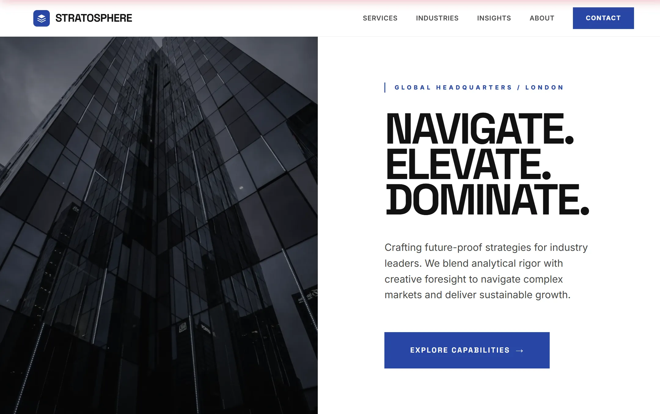 Stratosphere Strategy corporate consulting website hero section featuring navigation, bold typography, and skyscraper imagery