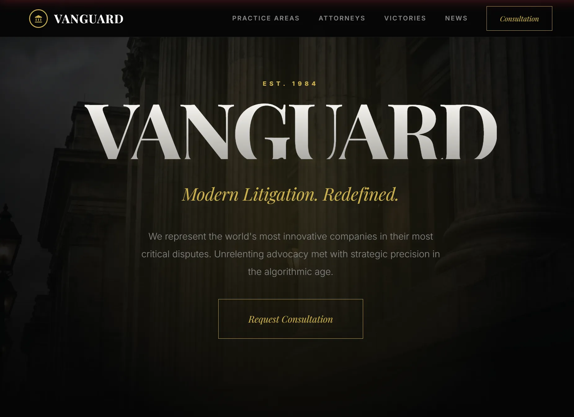 Vanguard Legal modern litigation law firm website hero with elegant typography and courthouse imagery