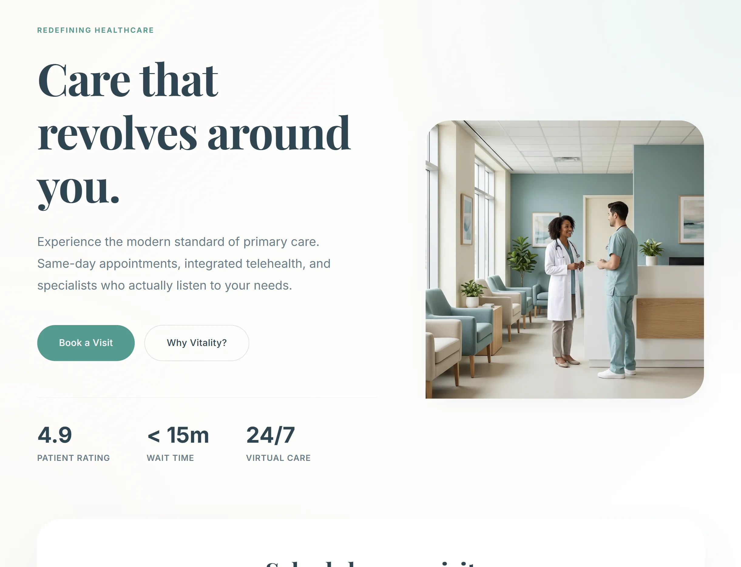 Vitality Health patient-centered clinic website hero featuring diagnostic tools, patient data visualization, and teal brand accents